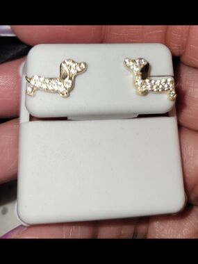 Gold Dachshund 925 Sterling Silver Stud Earrings with CZ  Crystals